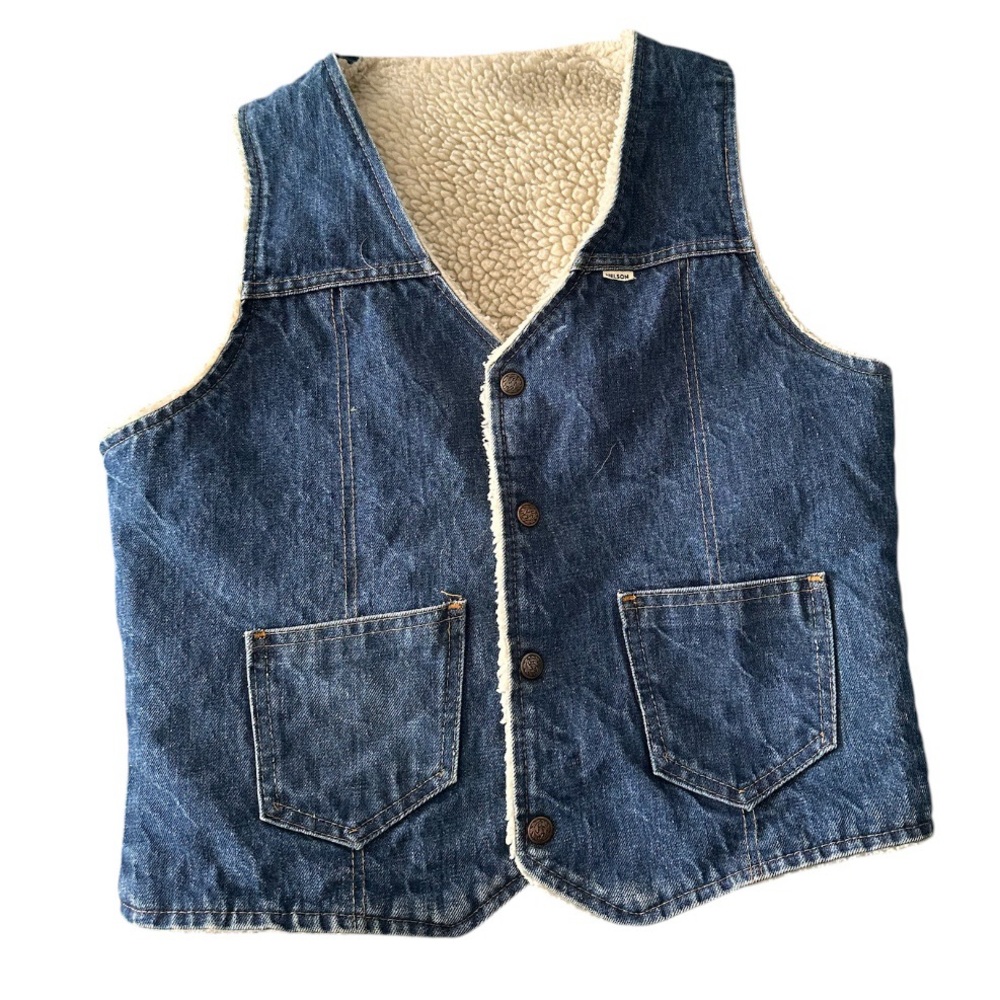 Vintage 70s Nelson Columbus Western Wear Vest Denim Sherpa Mens M Cowboy Ranch